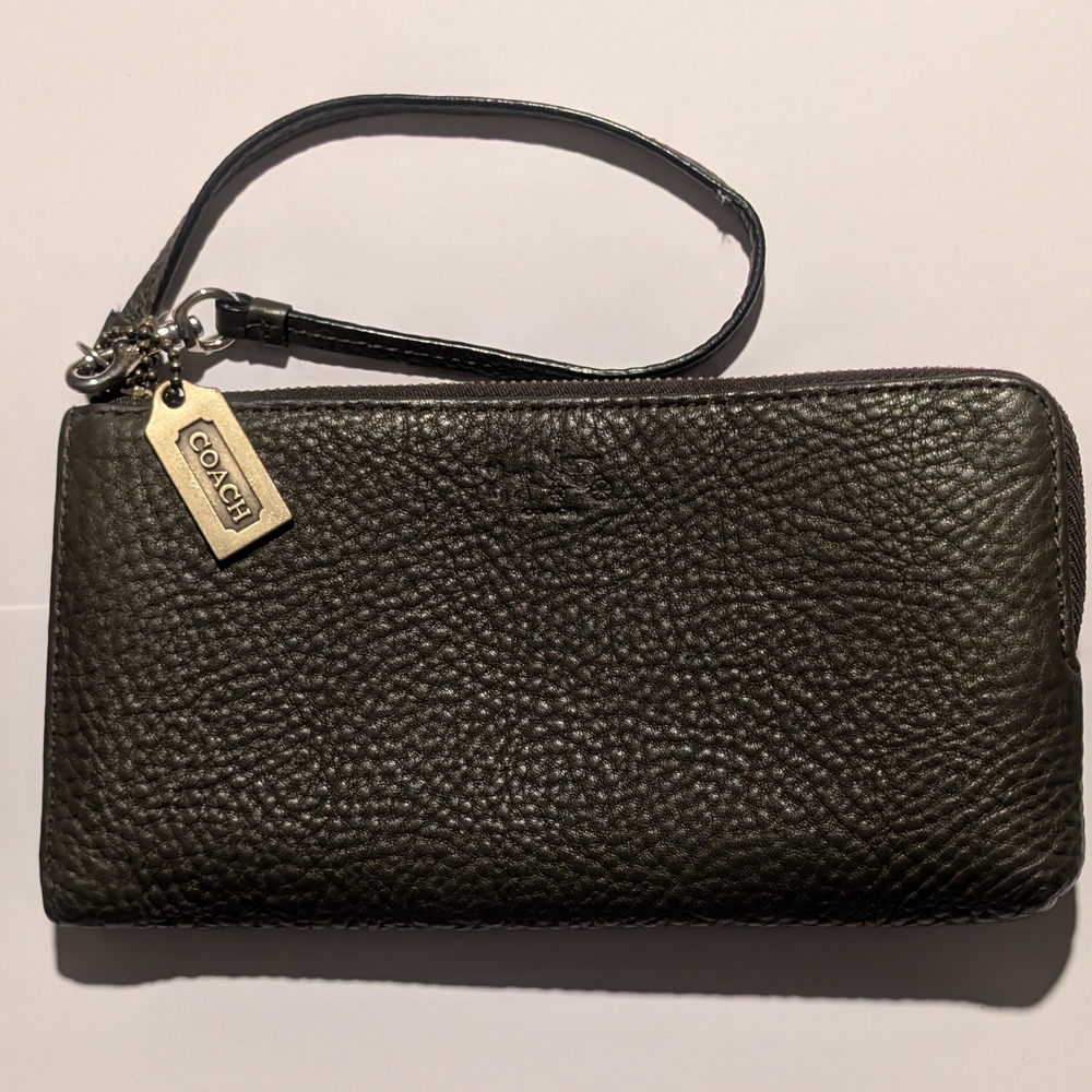 Coach Dark Olive Pebbled Leather Wristlet with Brass Tag